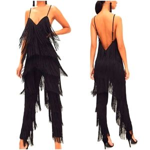 PrettyLittleThing Black Layered Tassel Plunge Jumpsuit Size 6 NWOT